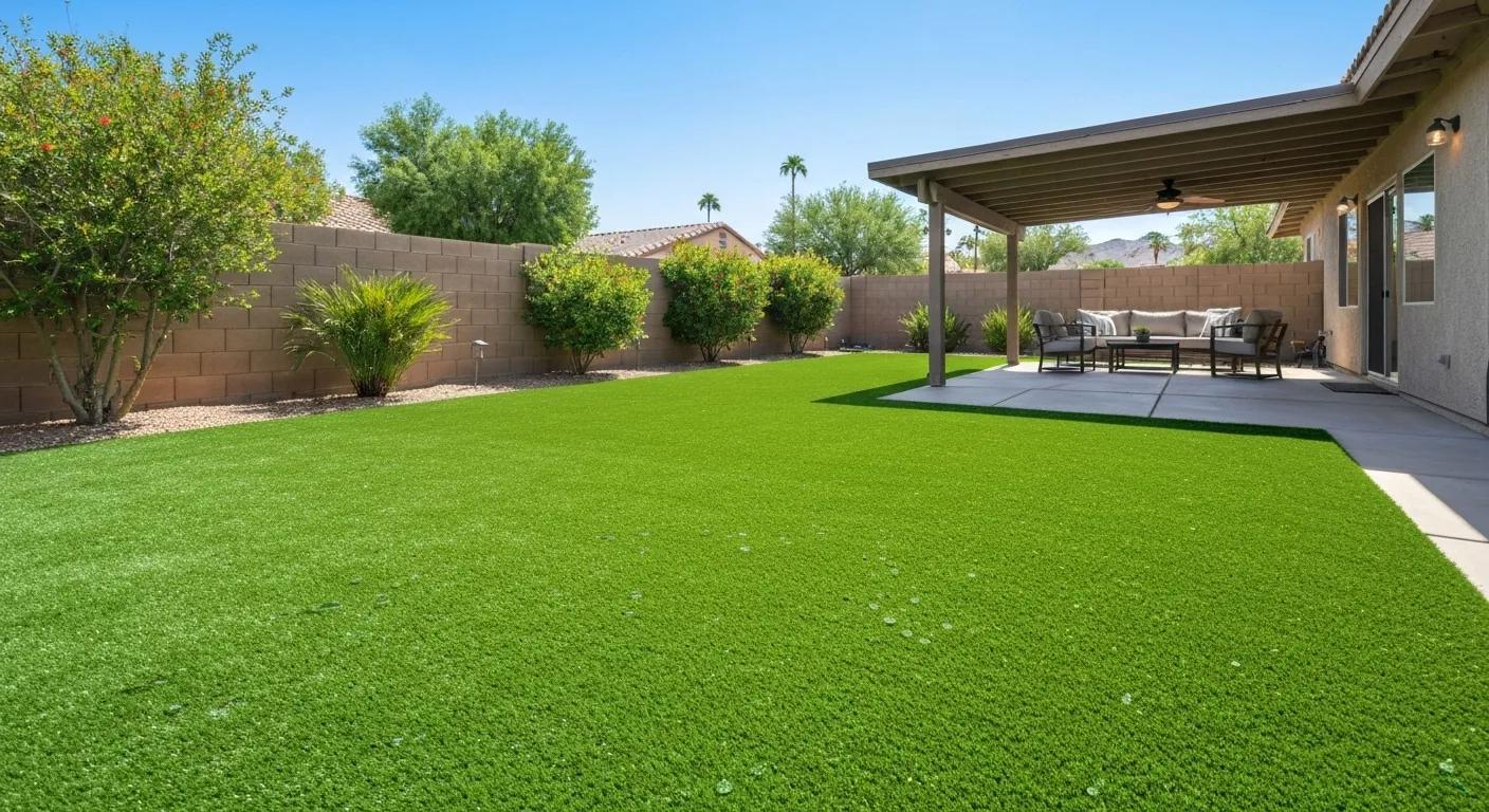 Vibrant artificial turf installation gracing a sun-drenched Phoenix backyard, showcasing its visual appeal and practical advantages