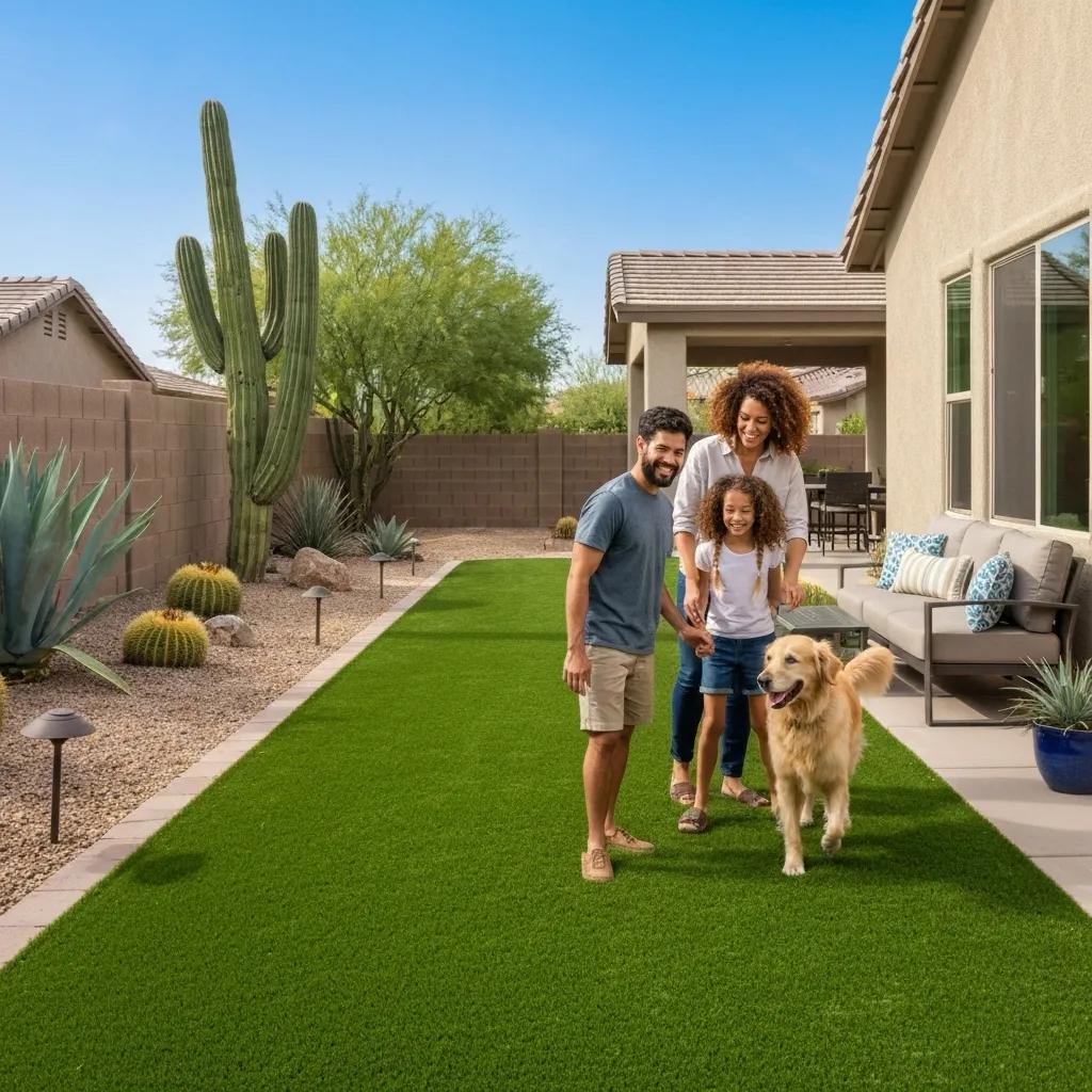 Lush artificial grass in a sunny Phoenix backyard with a family and pet enjoying the outdoor space
