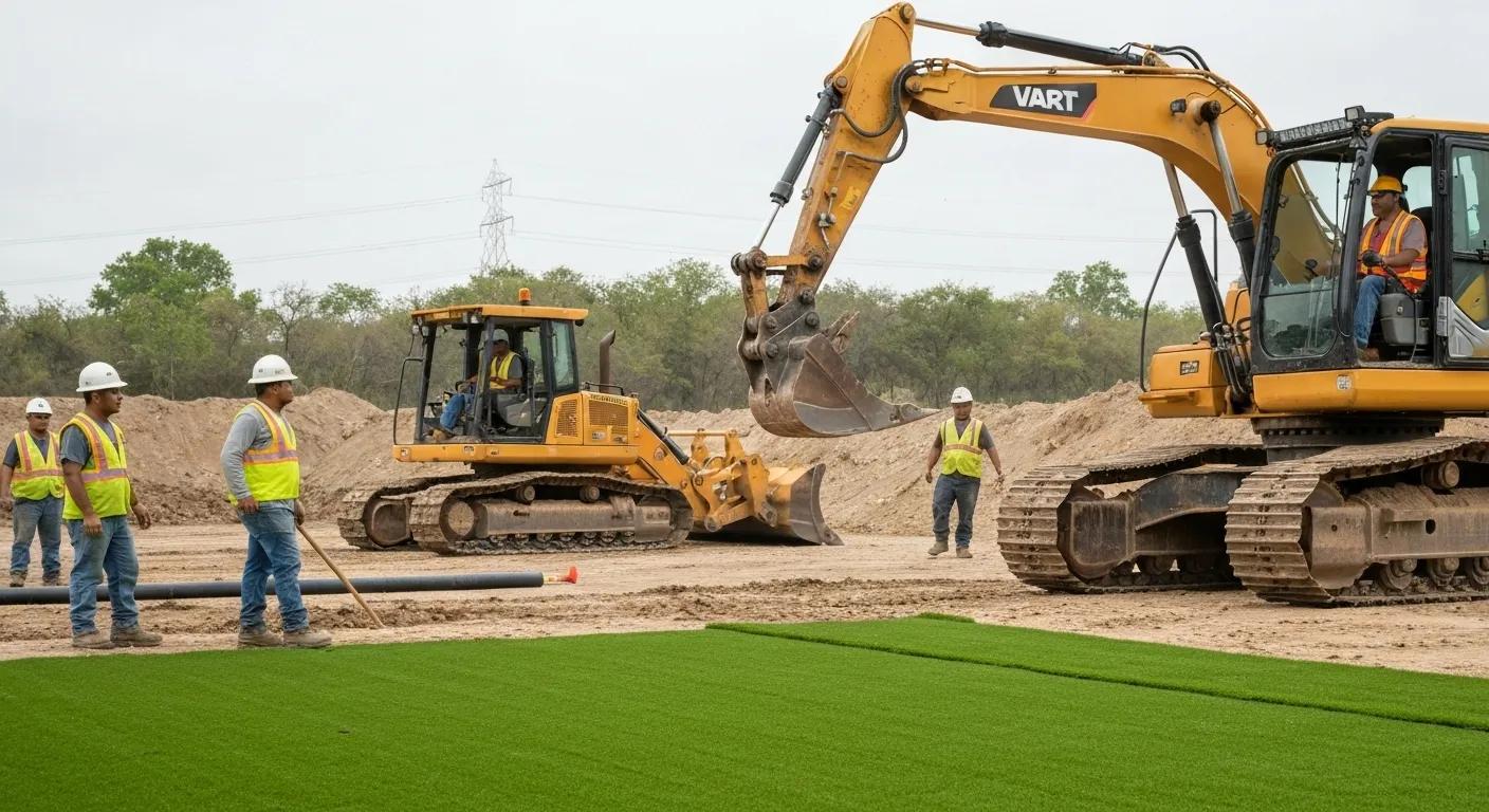A construction site actively undergoing site preparation for artificial turf installation, featuring heavy machinery and dedicated workers