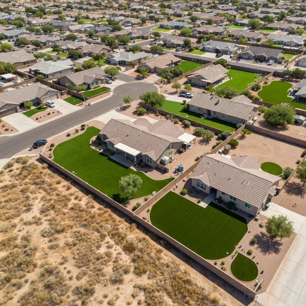 Aerial view of a Phoenix neighborhood showcasing artificial grass lawns for water conservation
