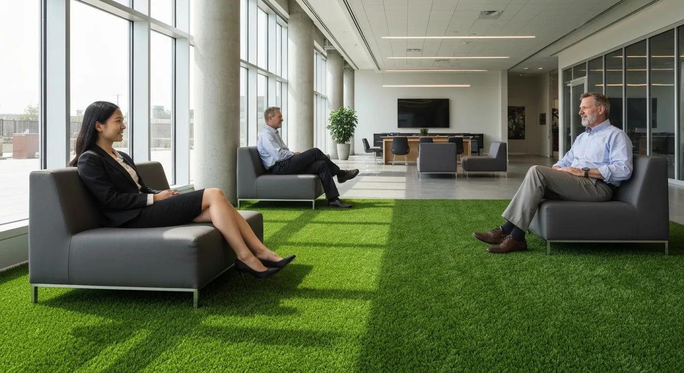Satisfied clients enjoying a commercial space with artificial turf, showcasing its advantages for Phoenix businesses