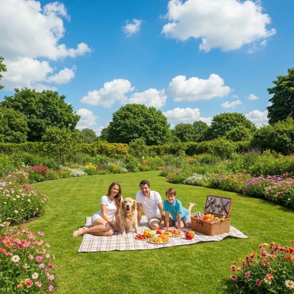 Family enjoying a vibrant backyard with artificial grass in Arizona, highlighting heat resistance and durability