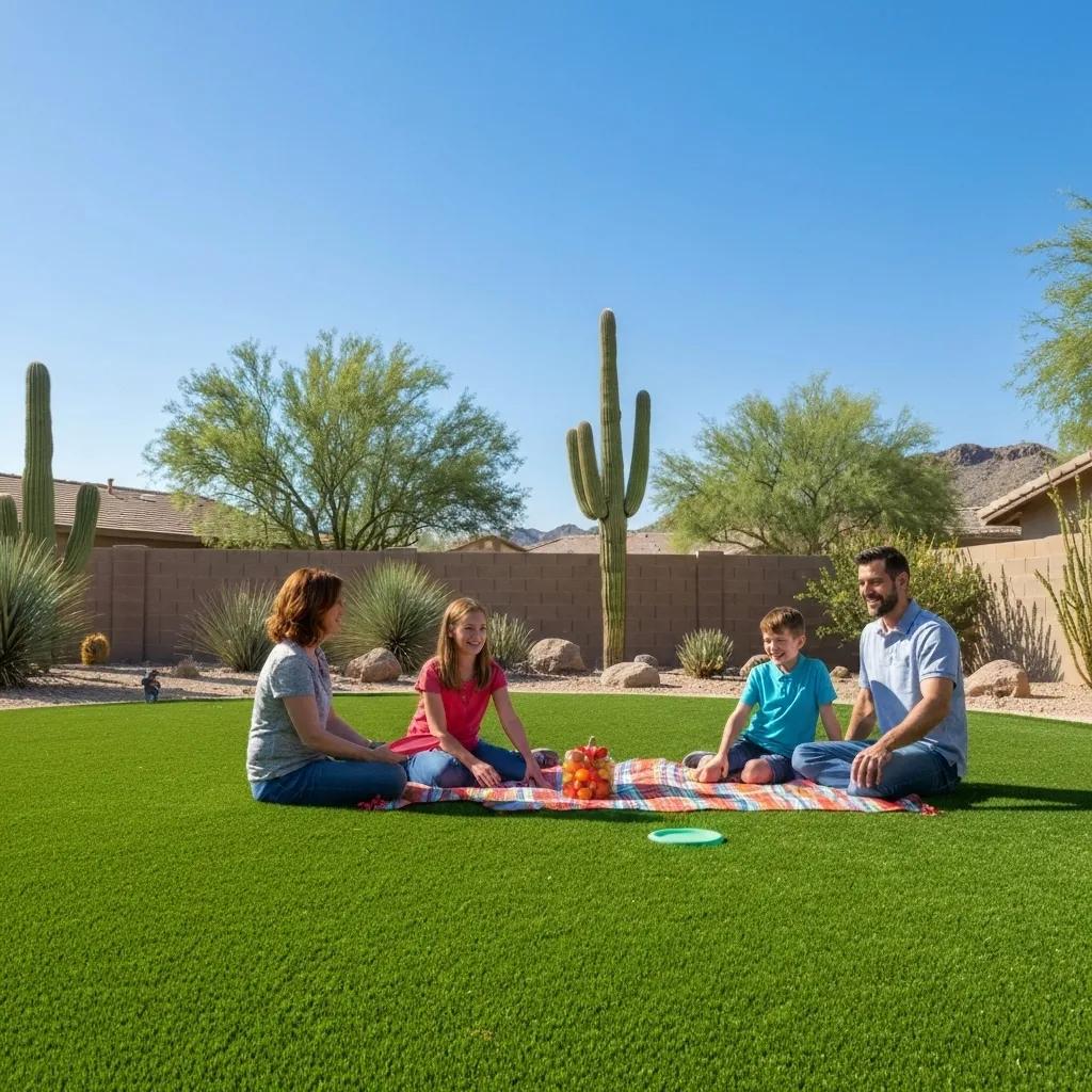 Lush artificial grass lawn in Phoenix with family enjoying outdoor space