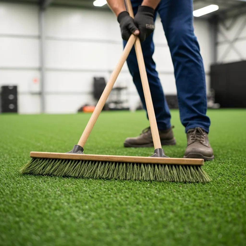 A person meticulously grooming high-traffic commercial artificial turf with a stiff-bristle broom, enhancing its appearance