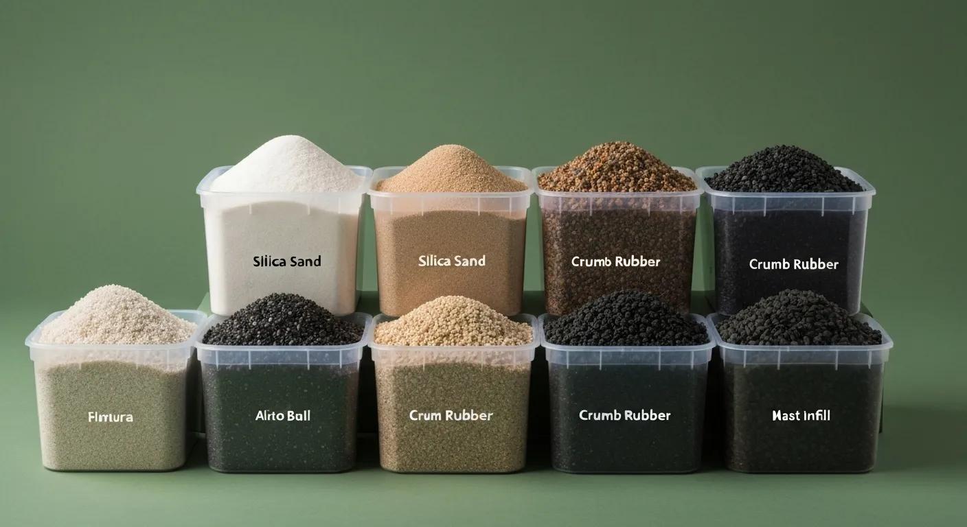 A curated selection of artificial turf infill materials, including silica sand and crumb rubber, neatly displayed in containers