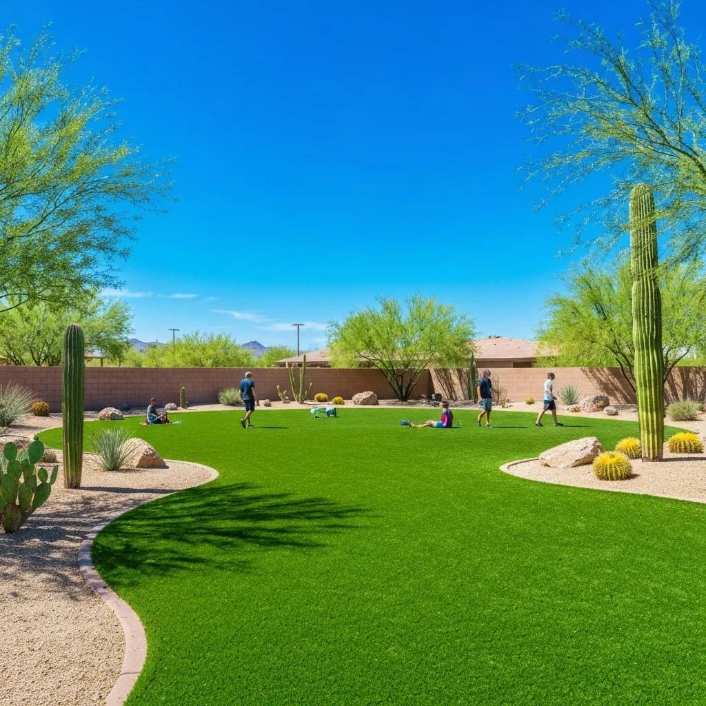 Vibrant commercial artificial turf in Phoenix, showcasing people enjoying a pristine outdoor space under a clear Arizona sky
