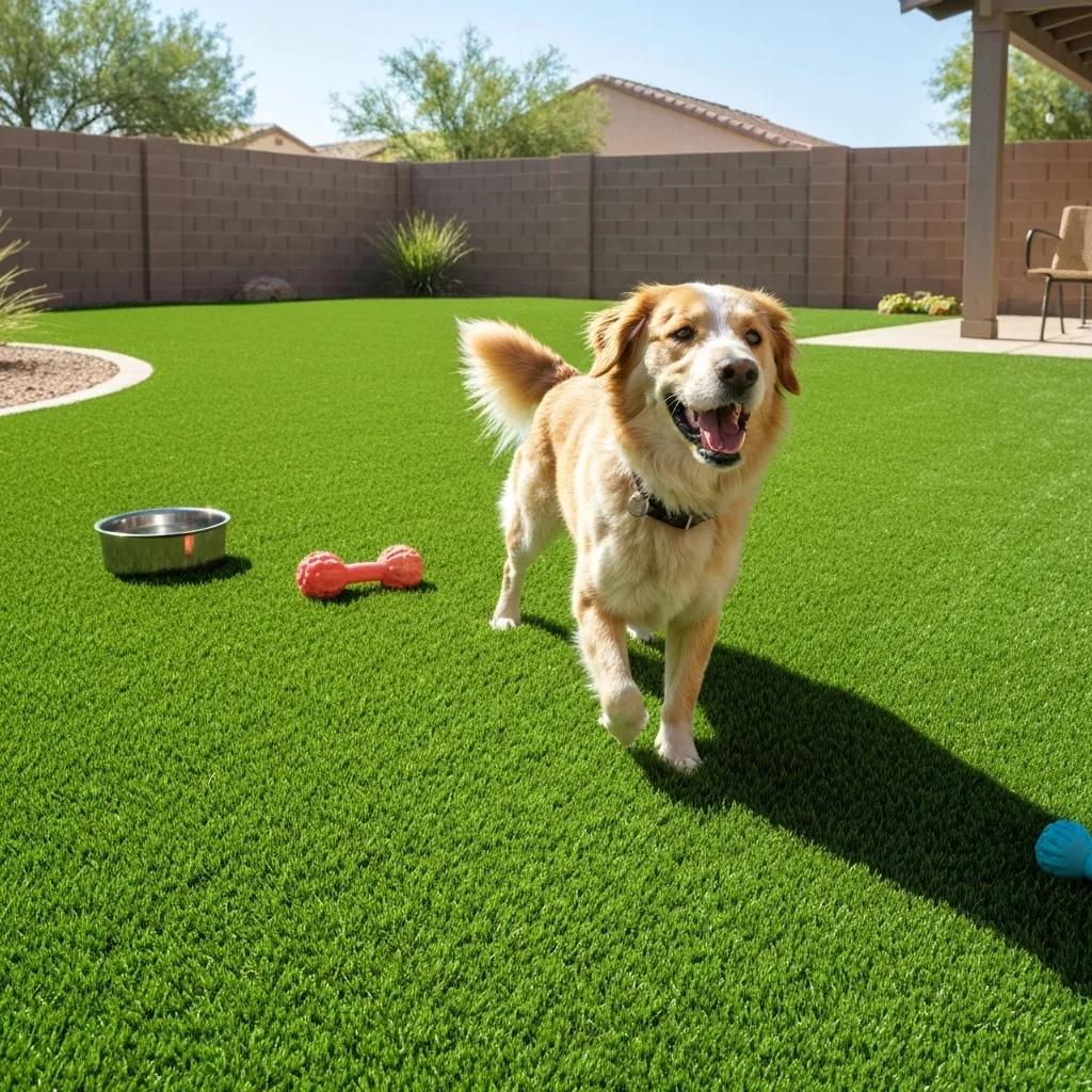 A dog happily playing on pet-friendly artificial turf in a sun-drenched Phoenix backyard