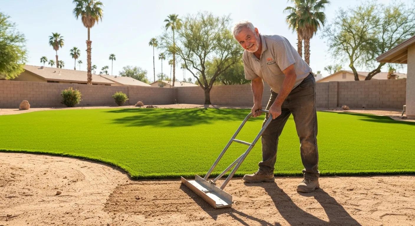 Professional landscaper meticulously preparing the ground for artificial grass installation in Phoenix
