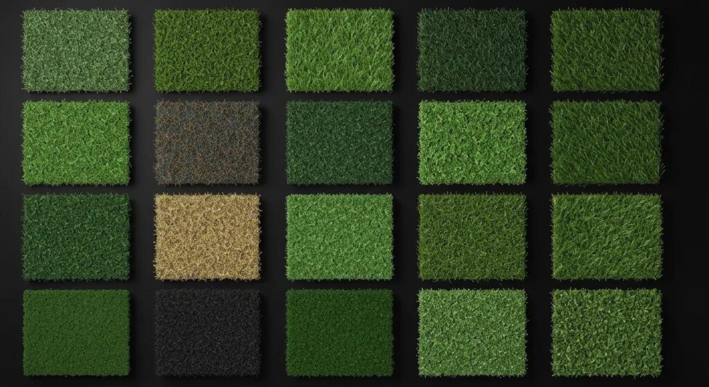 Artificial turf samples showing various pile heights and densities for comparison