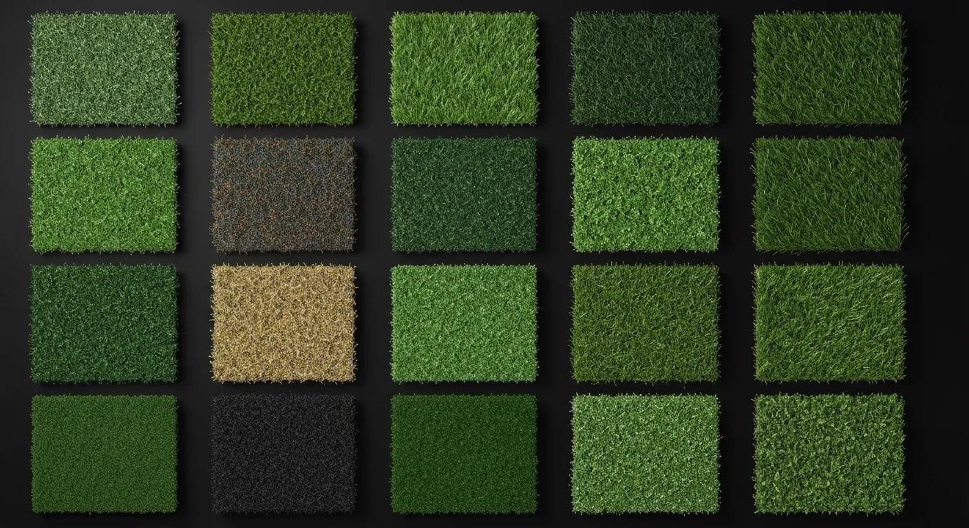 Artificial turf samples showing various pile heights and densities for comparison
