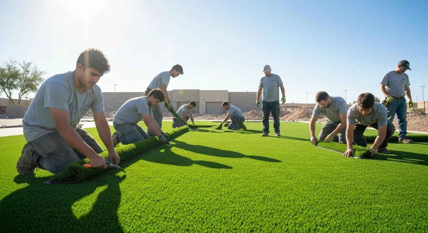 Professionals meticulously installing commercial artificial turf in Phoenix