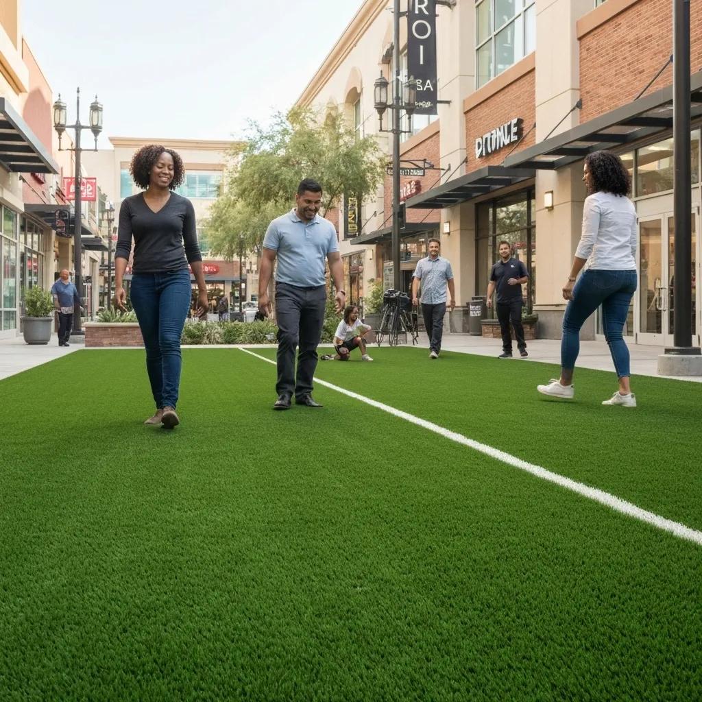 Commercial artificial grass installation in a Phoenix retail plaza, with people enjoying the space