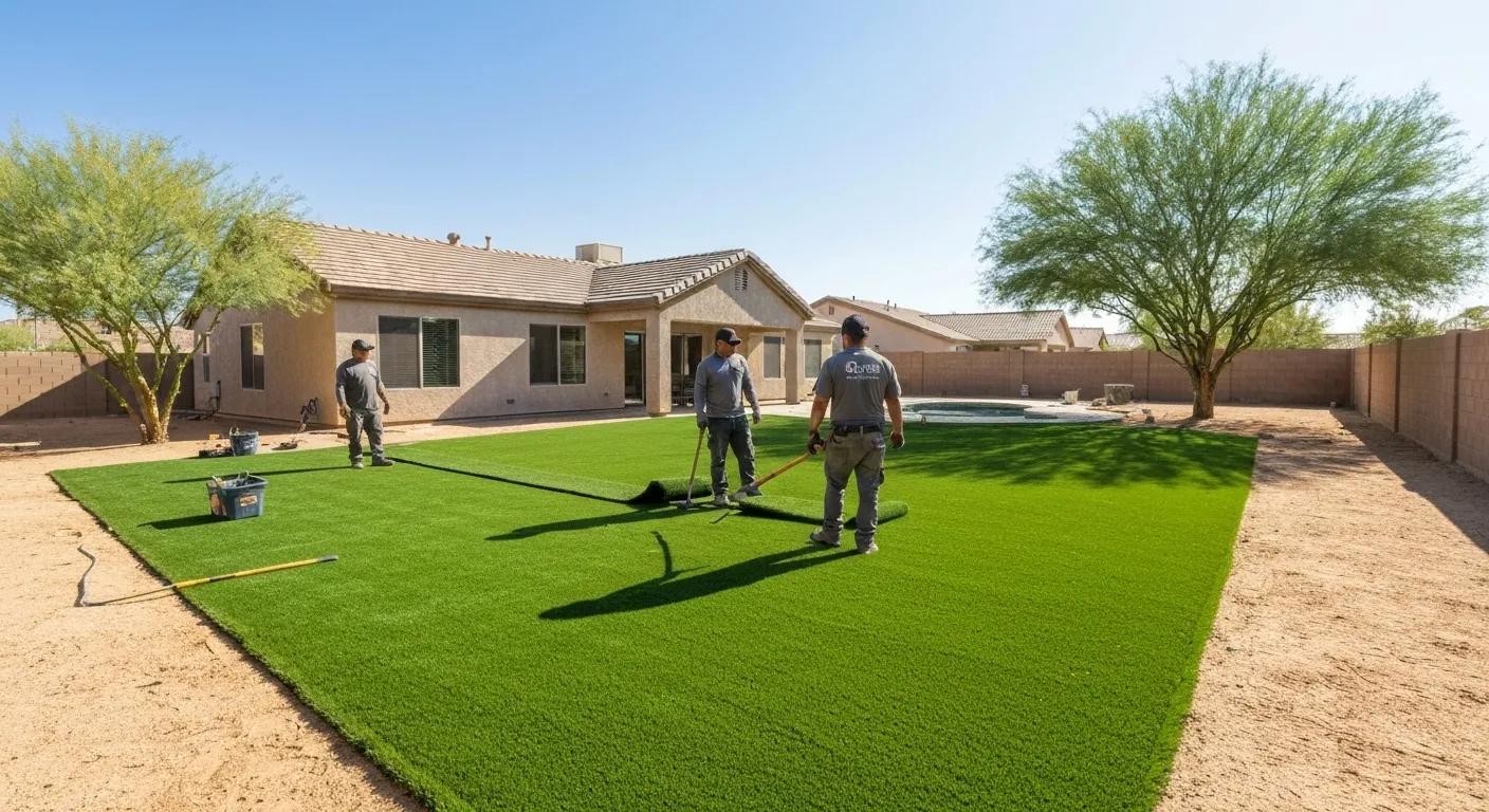Professional crew installing artificial turf in a Phoenix residential backyard