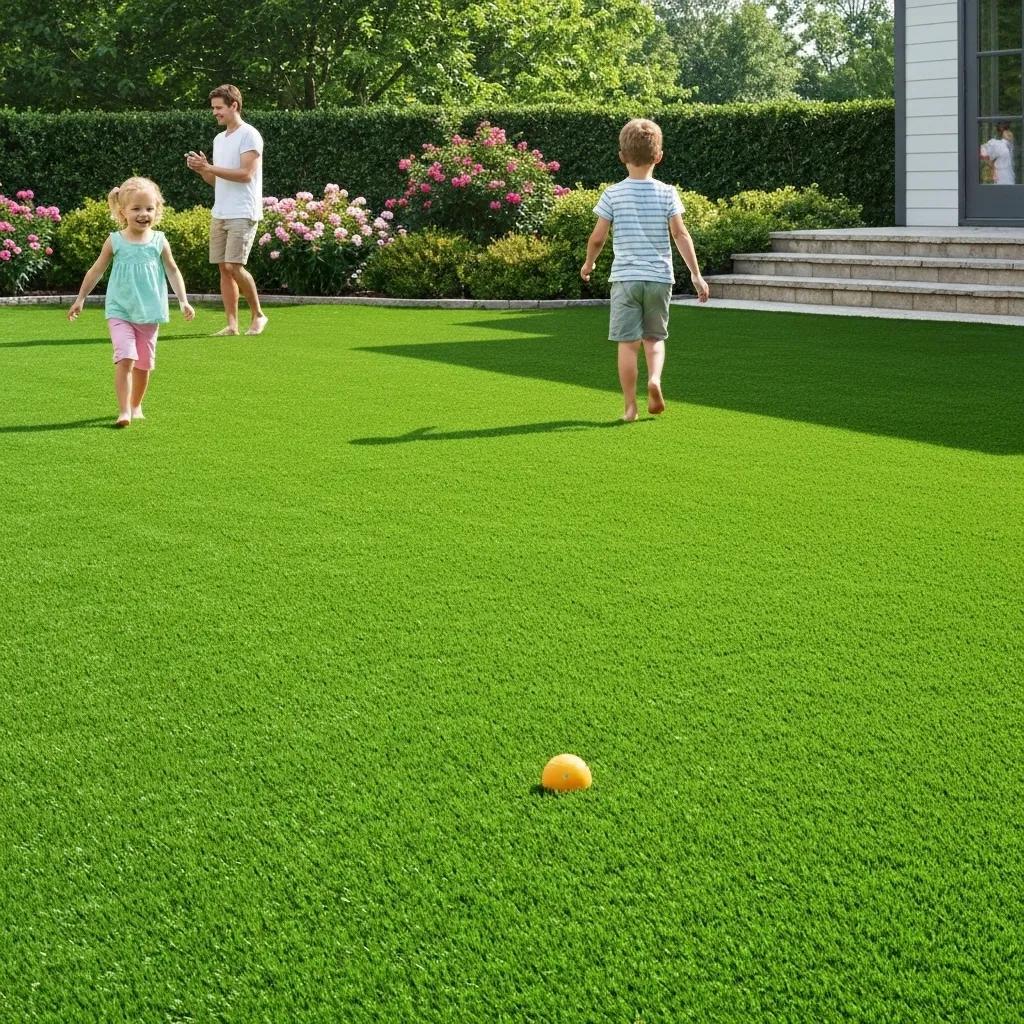 Lush artificial grass lawn with family enjoying outdoor activities