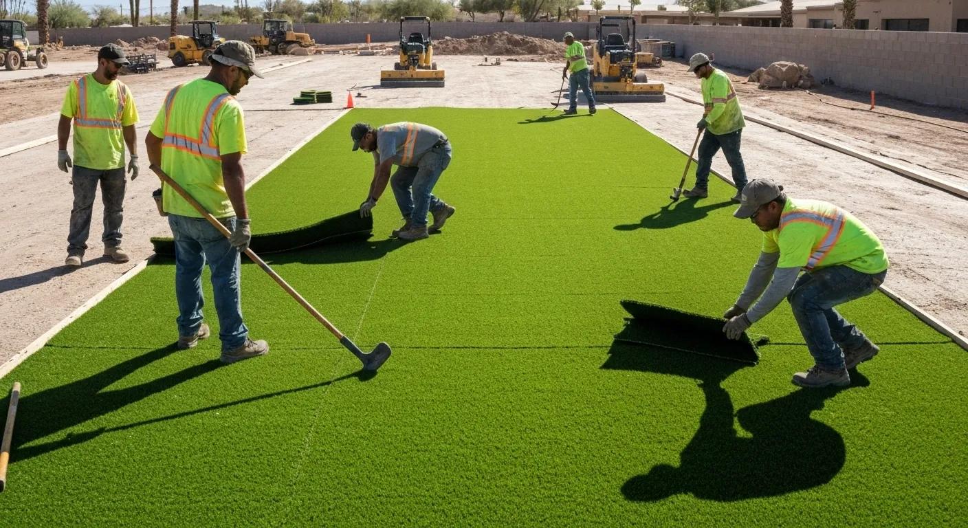 Installation crew working on commercial artificial turf in Phoenix, demonstrating the process