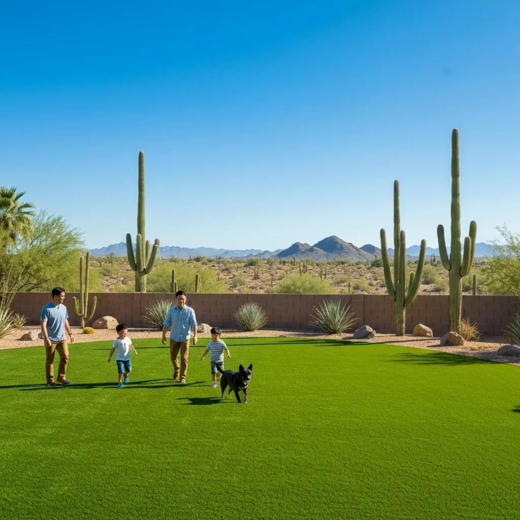 Vibrant artificial grass lawn in Phoenix, showcasing a family and their dog enjoying the outdoors