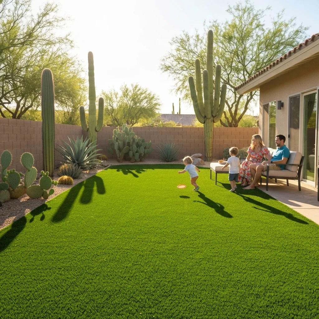 Vibrant backyard with artificial turf in Arizona, highlighting heat resistance and low maintenance