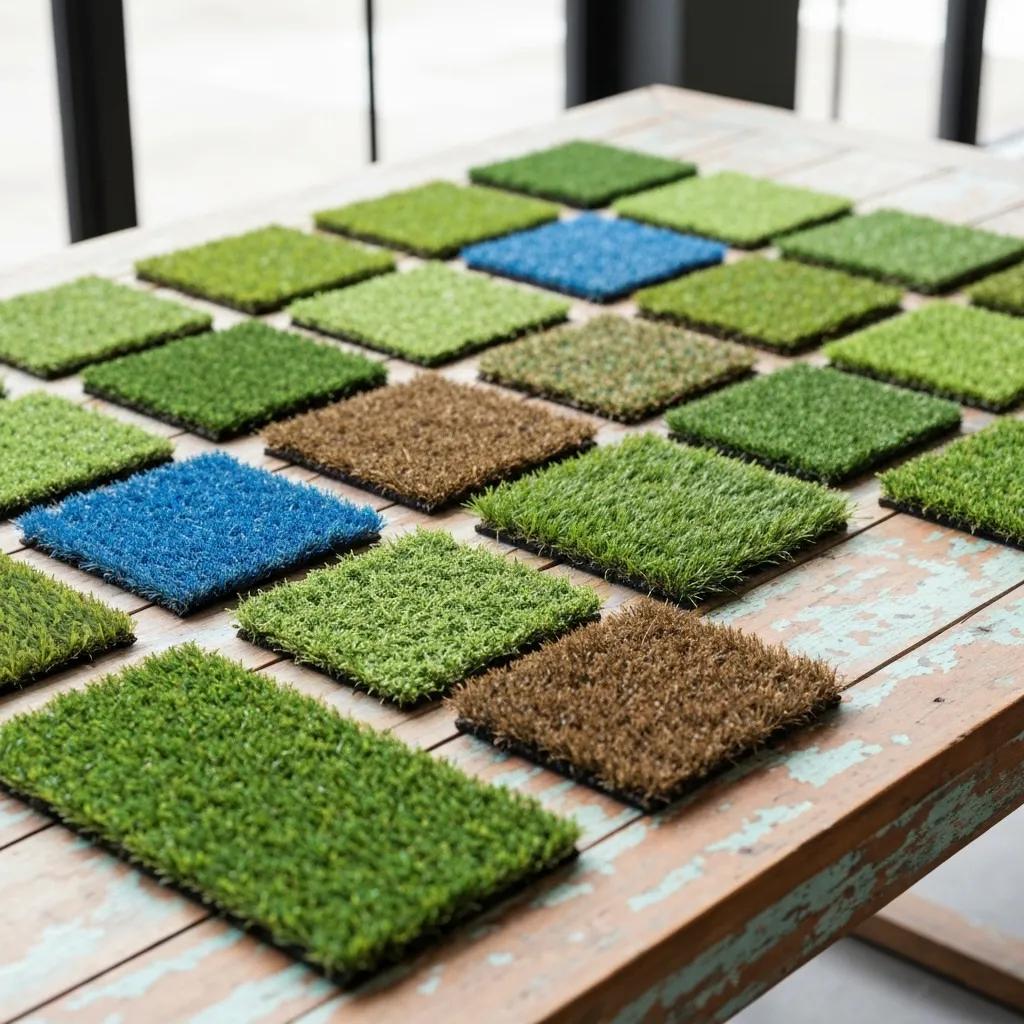 A close-up view of various artificial turf samples, showcasing a range of textures and colors for easy comparison
