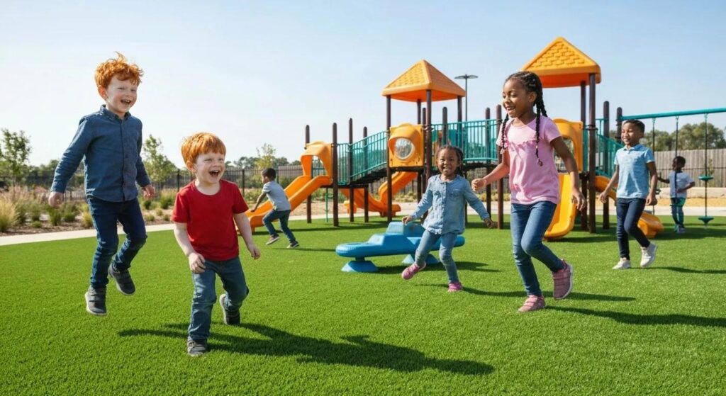 Children playing joyfully on artificial turf in a vibrant playground with slides and climbing structures, showcasing a safe and durable recreational area.