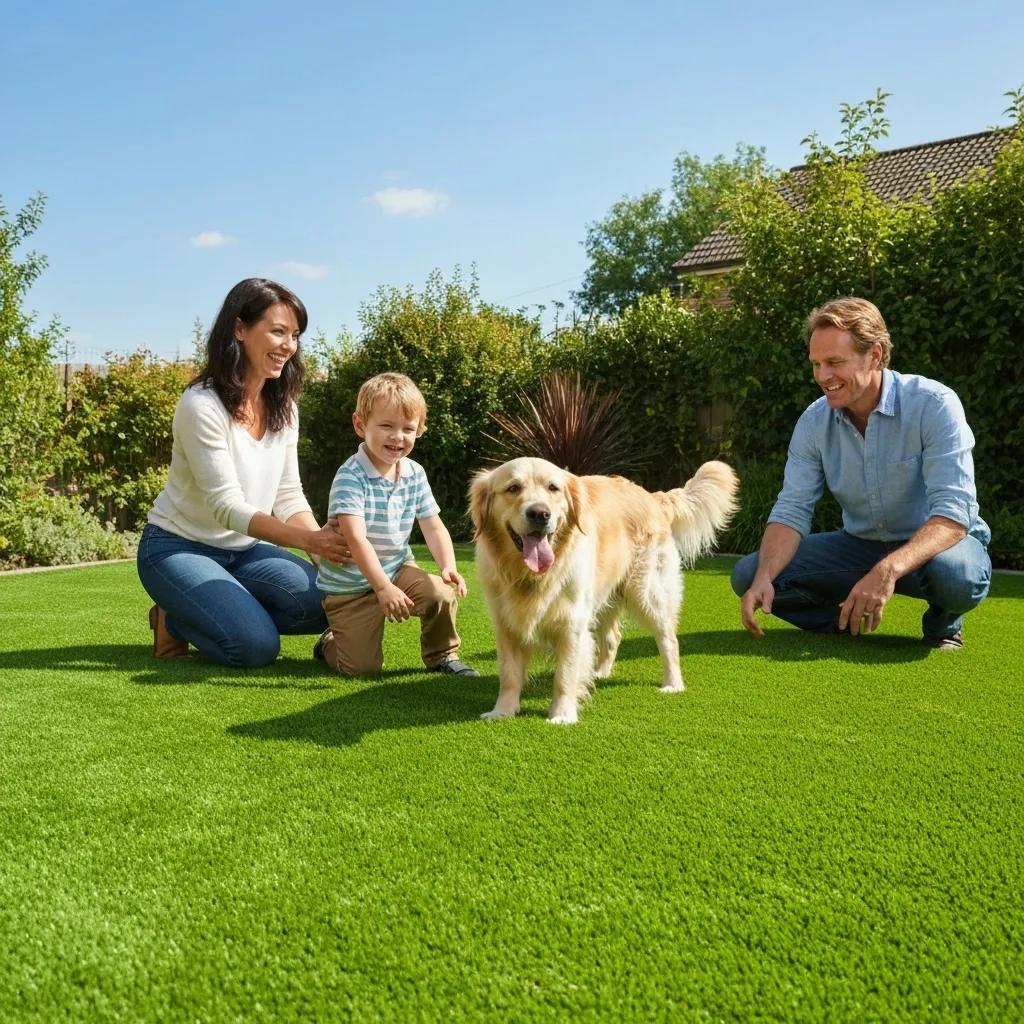 Vibrant artificial turf lawn with family and dog playing, highlighting maintenance-free greenery