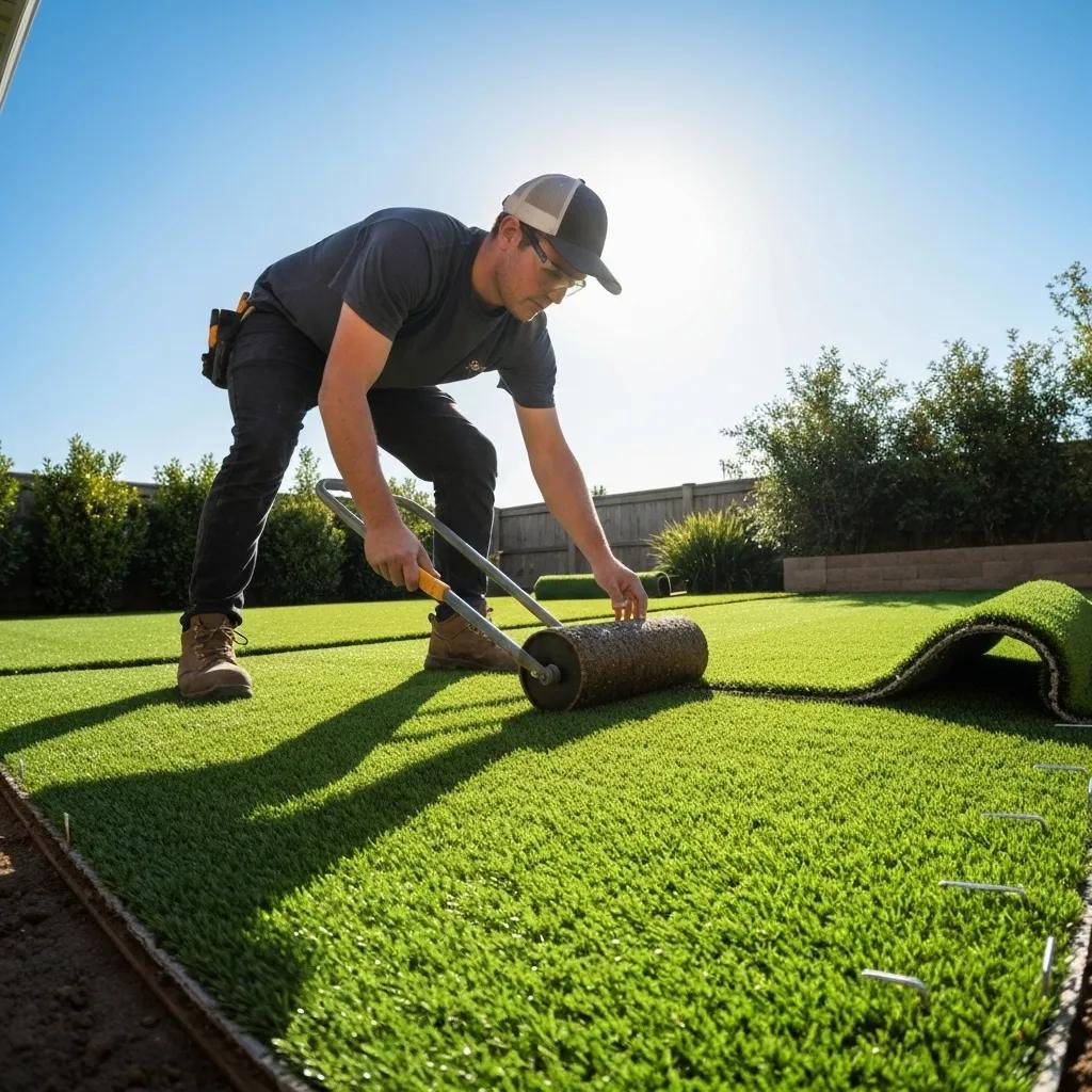 A professional installer meticulously laying artificial turf in a backyard, demonstrating expert techniques and tools