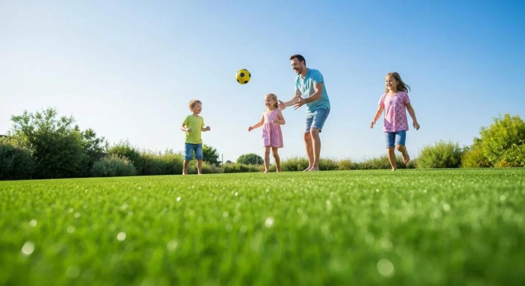 Vibrant artificial turf lawn with a happy family enjoying outdoor time, showcasing its low-maintenance beauty and family-friendly appeal