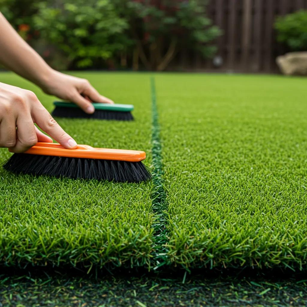Person maintaining artificial grass, brushing and inspecting for longevity