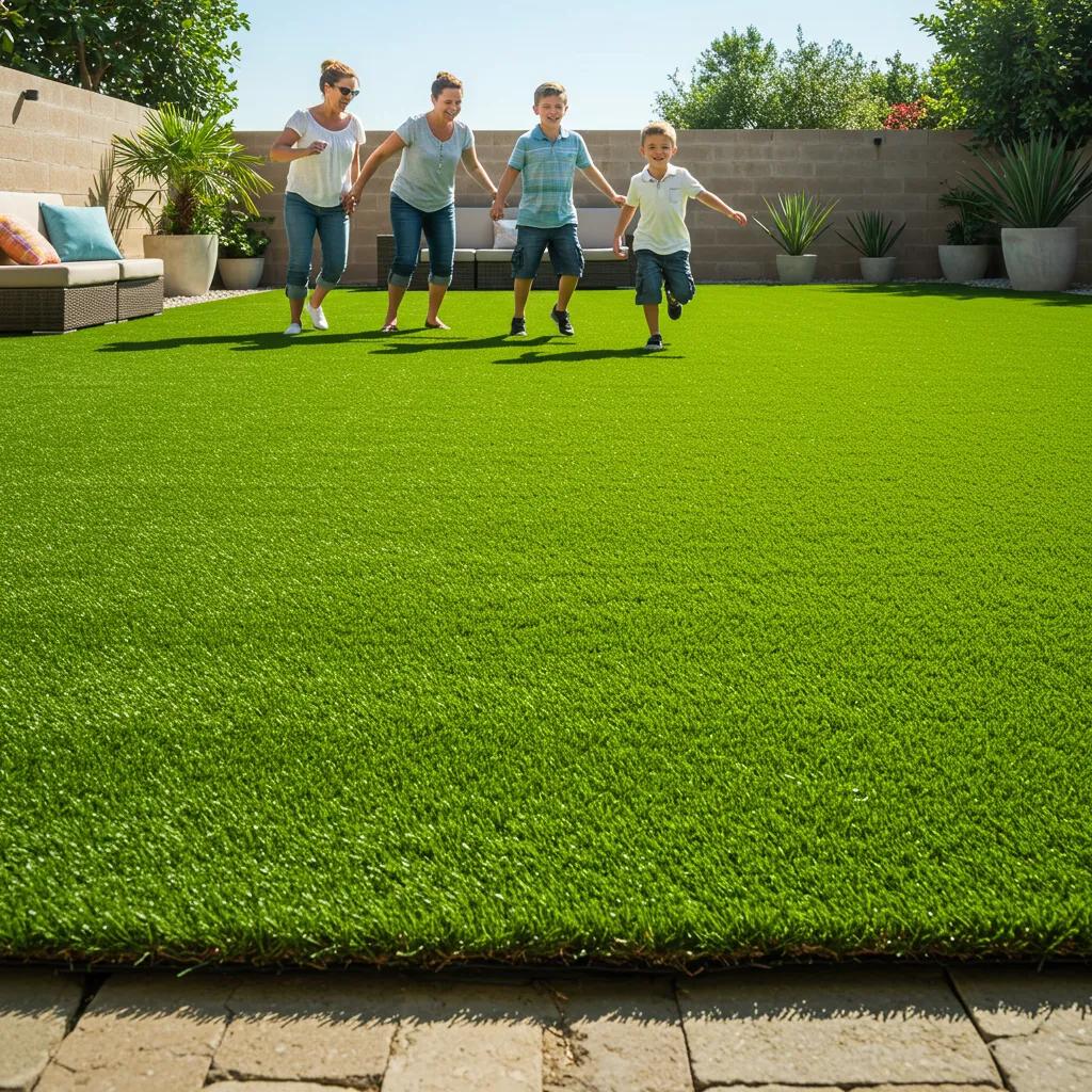 Vibrant backyard with durable artificial grass, family enjoying outdoor activities