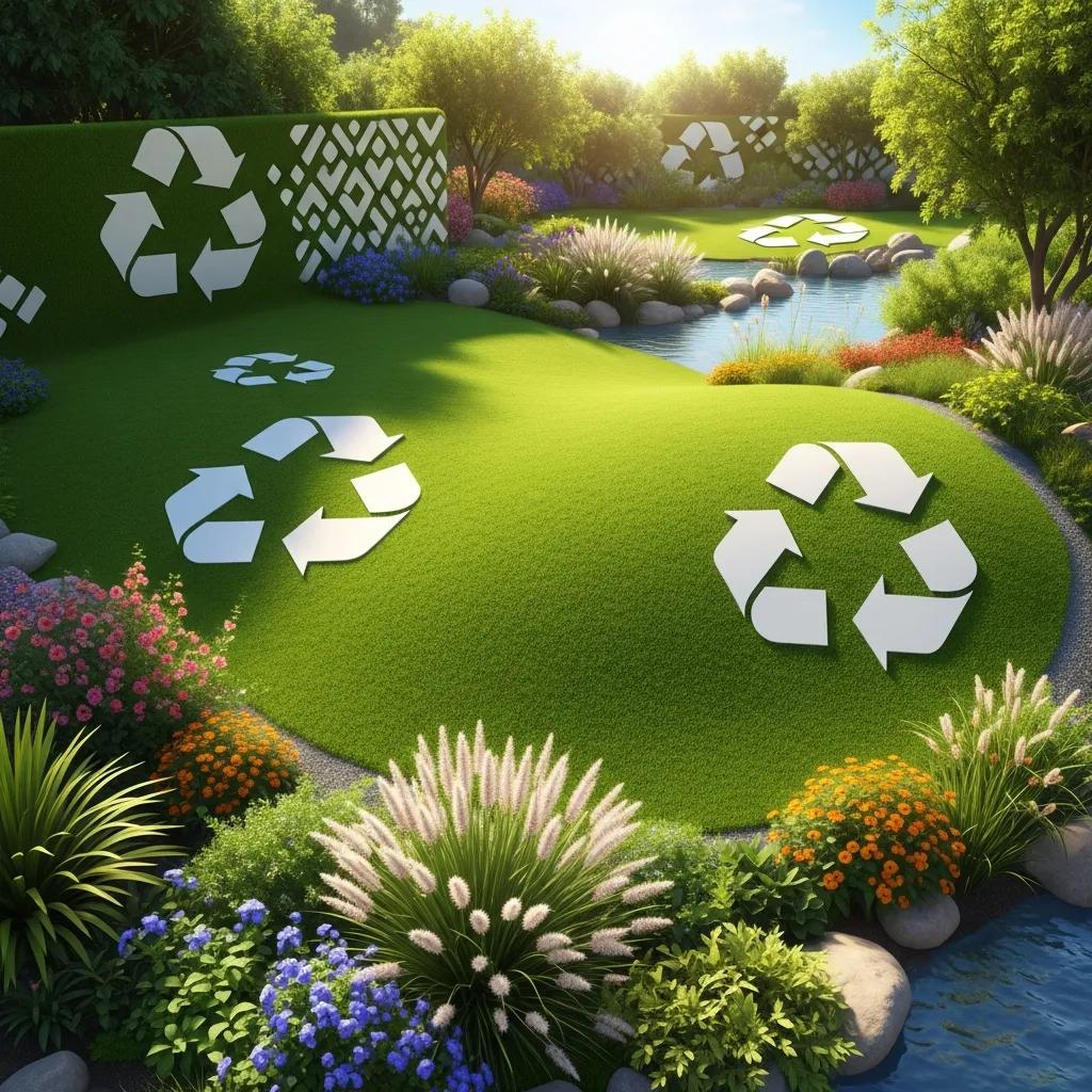 Eco-friendly artificial turf landscape featuring recycling symbols, lush greenery, and colorful flowers, emphasizing sustainability and environmental practices in artificial turf solutions.