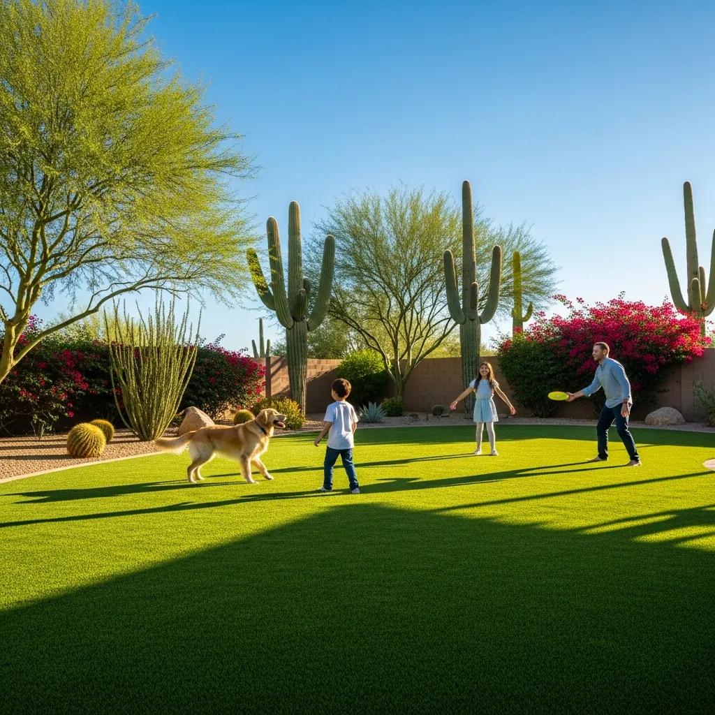 Family playing with a dog on artificial turf in a backyard, surrounded by desert landscaping and colorful flowers, emphasizing outdoor activities and low-maintenance landscaping solutions.